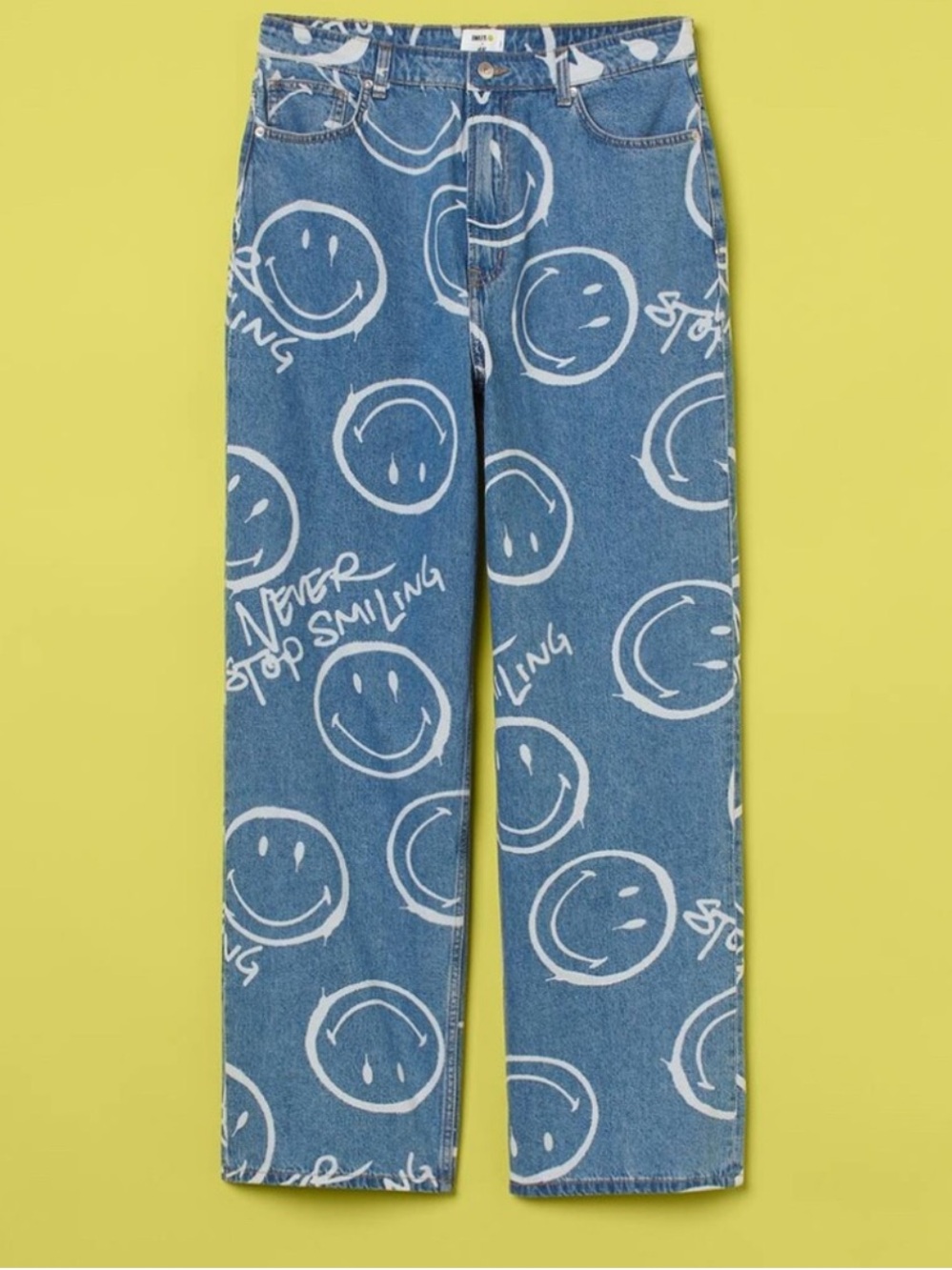 Smiley x H&M High Rise Wide Leg Jeans - Blue Denim with Smiley Print us 0